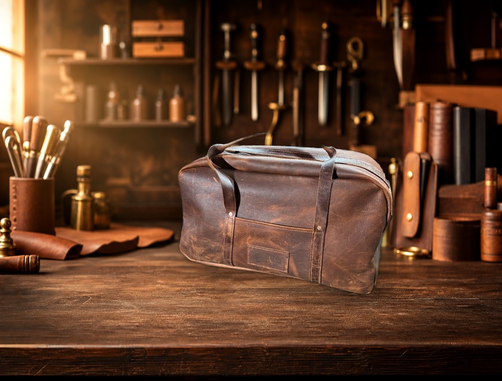 Handcrafted Corbett & Co. leather duffel bag on a workshop bench