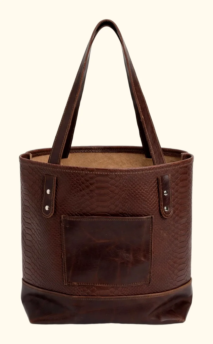 Large dark brown leather tote with snakeskin-embossed body and smooth leather pocket