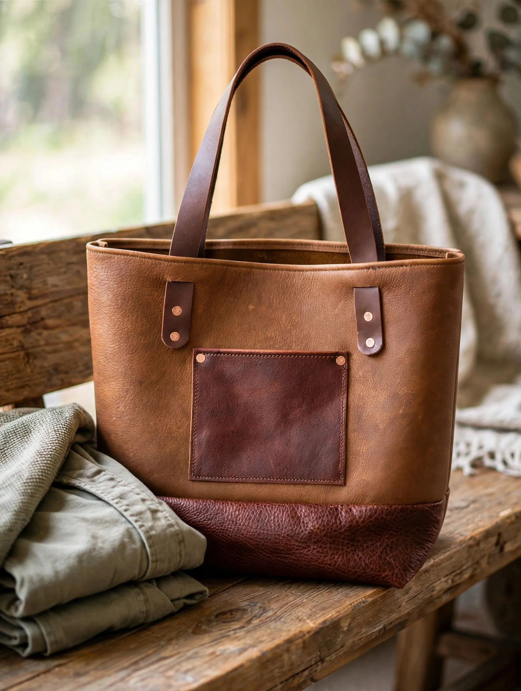 Two-tone leather tote on rustic bench