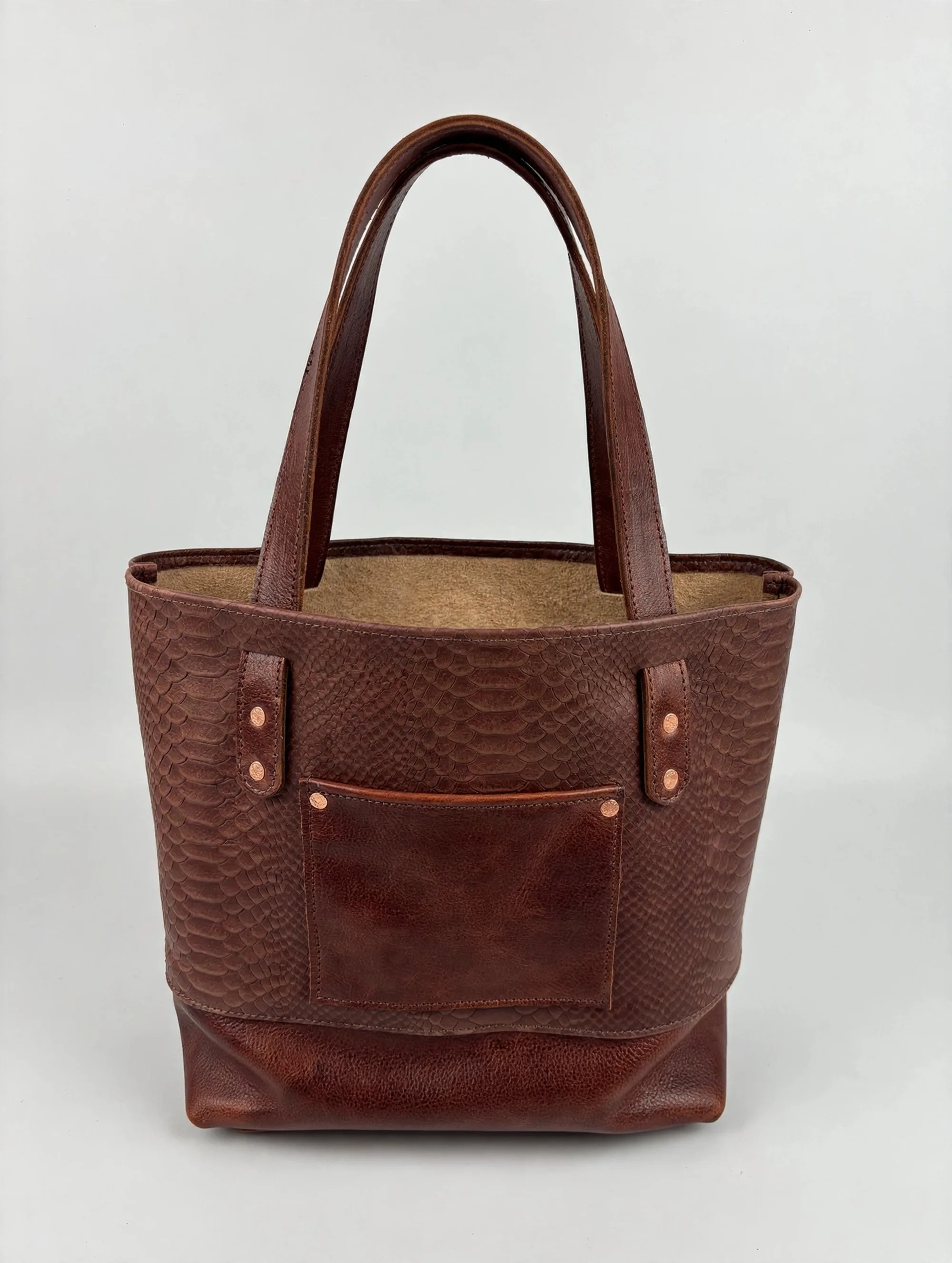 Embossed snakeskin leather tote