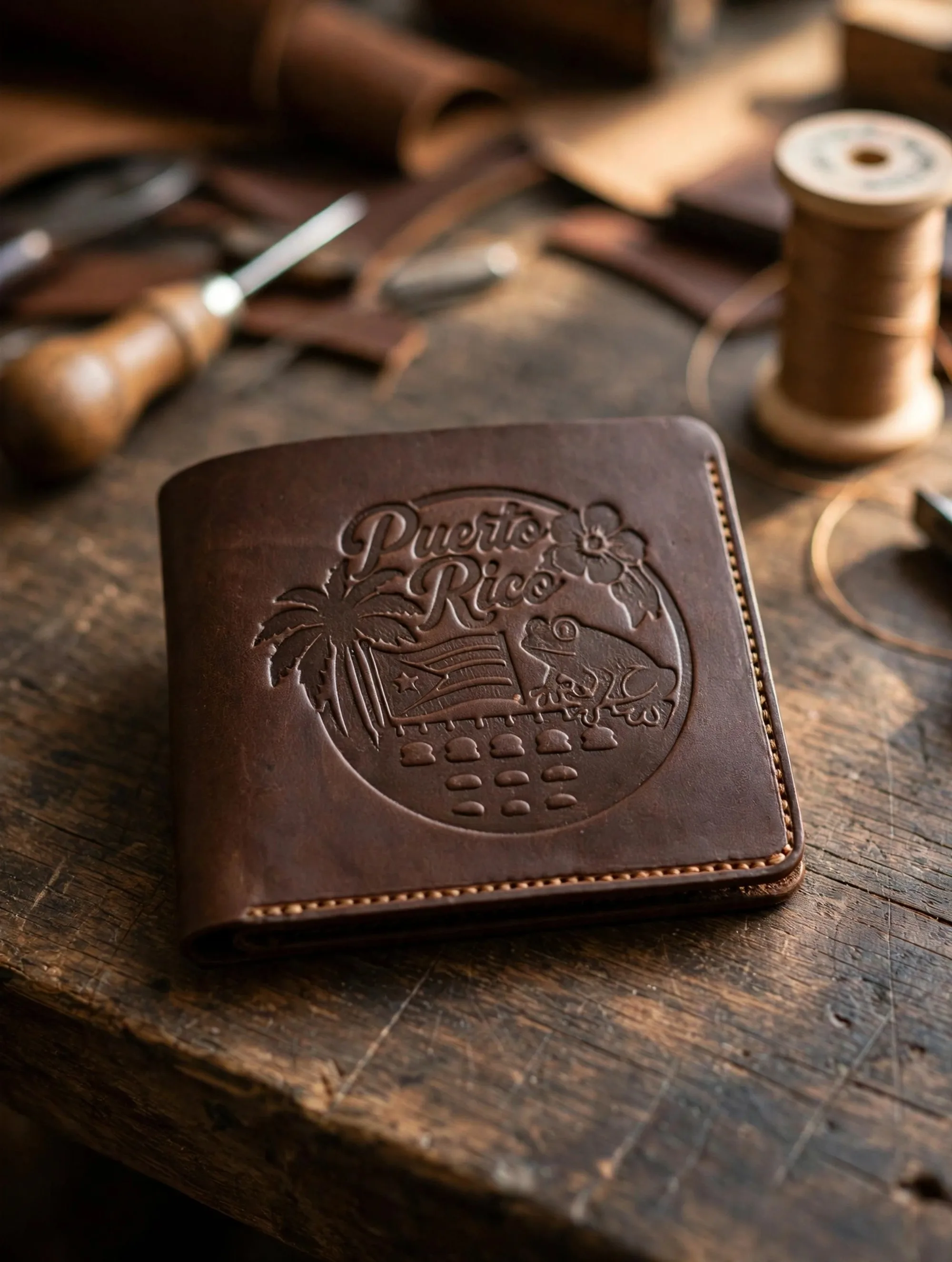 Puerto Rico stamped bifold on workbench