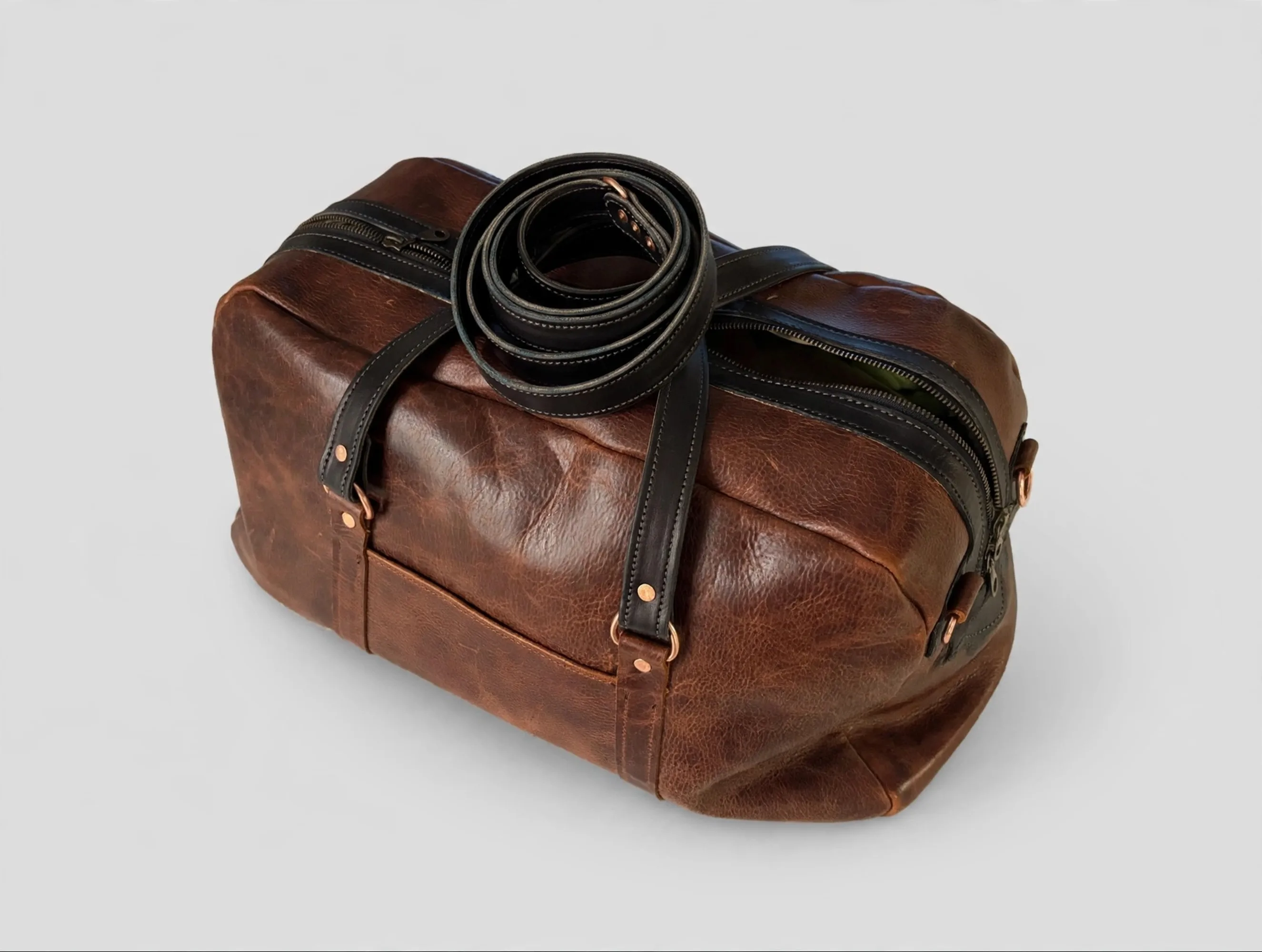 Leather weekender duffel studio shot